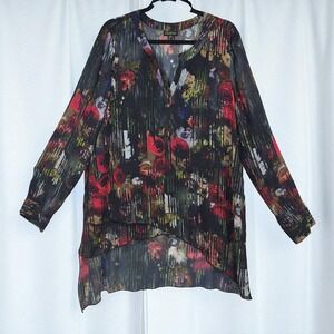Cartise Women's Size 16 Floral Print Long Sleeve Sheer Tunic Top Hi-Lo Hem Artsy